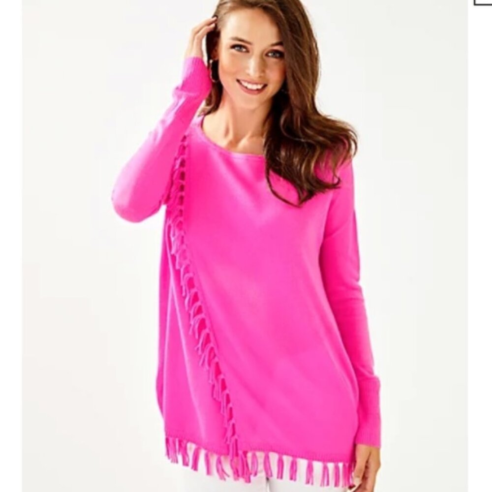 Lilly Pulitzer Emberly Sweater in Madevilla Pink Medium Tassel Fringe Soft